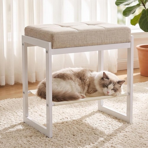 Beige white linen vanity - beige, stool
